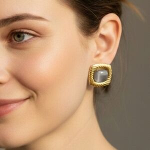 Vintage Style Gold Square Studs with Luminous Grey Inset